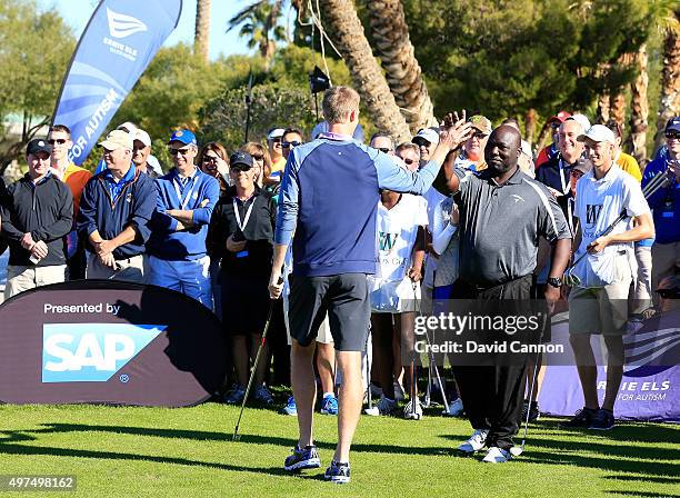 Kevin Anderson of South Africa the ATP Tennis player with Dommie Frazier the former NFL Quarter Back during the special 'Poker Challenge' prior to...