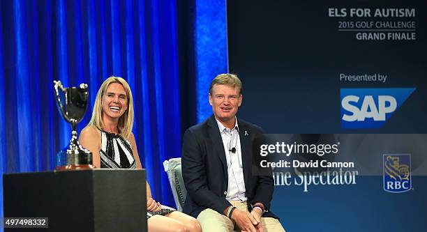 Ernie Els of South Africa on stage with his wife Liezl Els during the 2015 Els For Autism Golf Challenge Finale Awards Dinner held in the Islander...