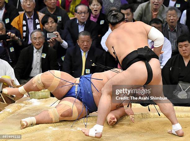 Mongolian yokozuna Harumafuji throws Ozeki Kotoshogiku to win during day ten of the Grand Sumo Kyushu Tournament at Fukuoka Convention Cetner on...