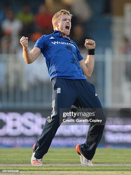 David Willey of England celebrates dismissing Mohammad Hafeez of Pakistan during the 3rd One Day International match between Pakistan and England at...