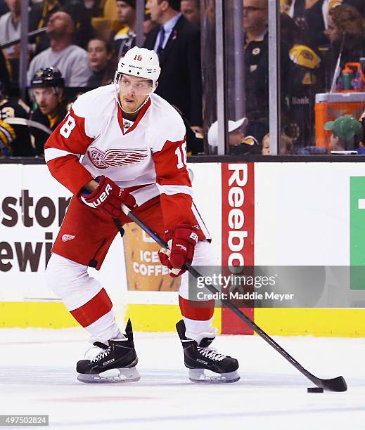 Joakim Andersson of the Detroit Red Wings skates against the Boston Bruins during the first period at TD Garden on November 14, 2015 in Boston,...