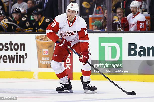 Joakim Andersson of the Detroit Red Wings skates against the Boston Bruins during the first period at TD Garden on November 14, 2015 in Boston,...