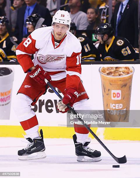 Joakim Andersson of the Detroit Red Wings skates against the Boston Bruins during the first period at TD Garden on November 14, 2015 in Boston,...
