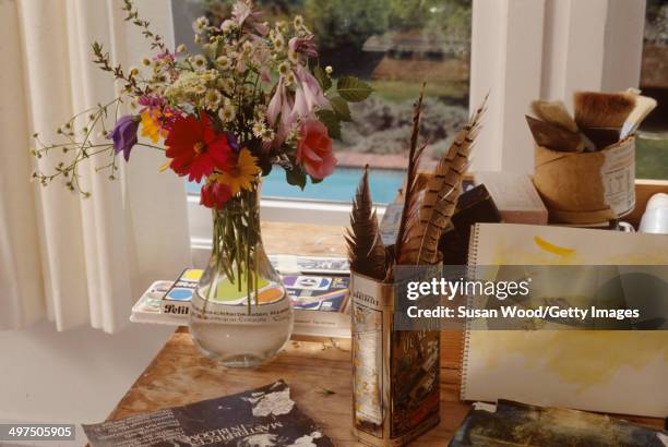 Close-up of a table in Jane Freilicher's art studio, Water Mill, Long Island, New York, August 1992.