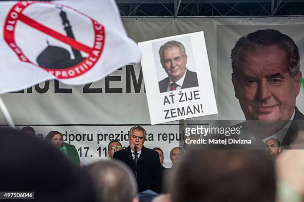 President of Czech Republic Milos Zeman speaks during the anti-islam rally on the 26th anniversary of the Velvet Revolution on November 17, 2015 in...