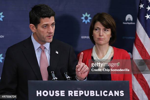 Speaker of the House Paul Ryan answers reporters' questions during a news briefing with Rep. Cathy McMorris Rogers following the weekly Republican...