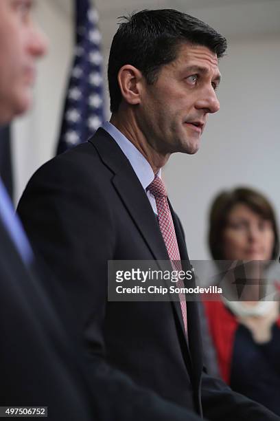 Speaker of the House Paul Ryan holds a news briefing following the weekly Republican Conference meeting at the U.S. Capitol November 16, 2015 in...