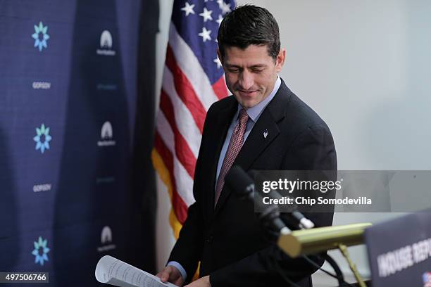 Speaker of the House Paul Ryan holds a news briefing following the weekly Republican Conference meeting at the U.S. Capitol November 16, 2015 in...