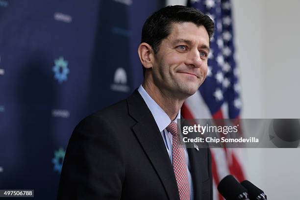 Speaker of the House Paul Ryan holds a news briefing following the weekly Republican Conference meeting at the U.S. Capitol November 16, 2015 in...