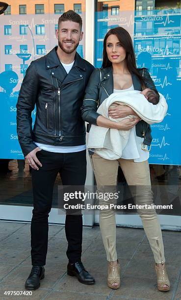 Football player Sergio Ramos and Pilar Rubio present their new born child Marco at Ruber Hospital on November 17, 2015 in Madrid, Spain.