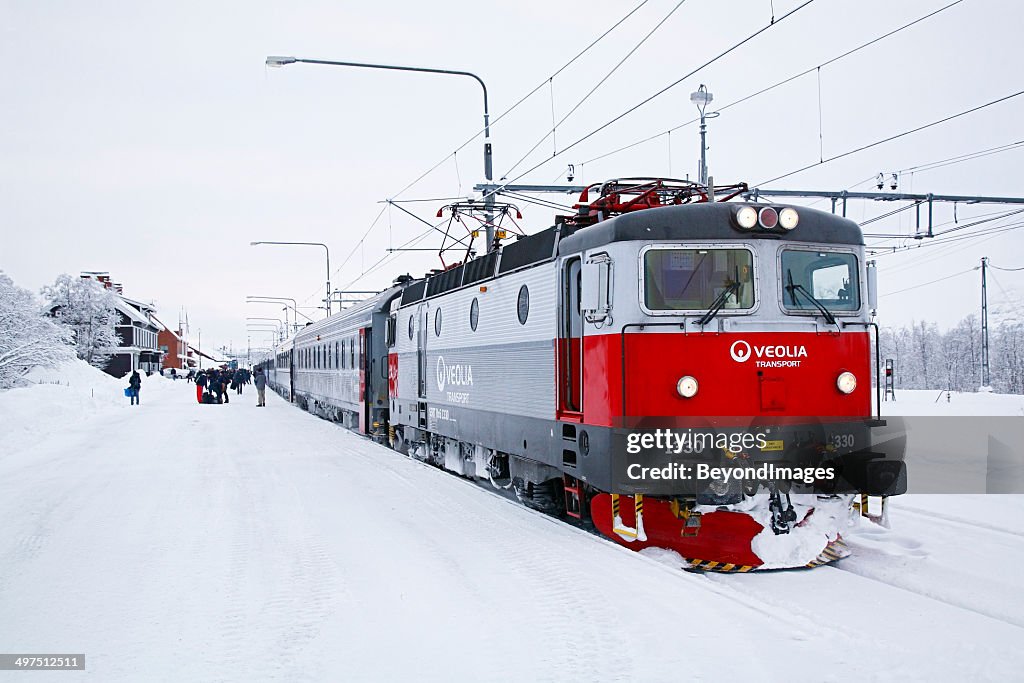 Veolia passenger train at old Kiruna station in winter