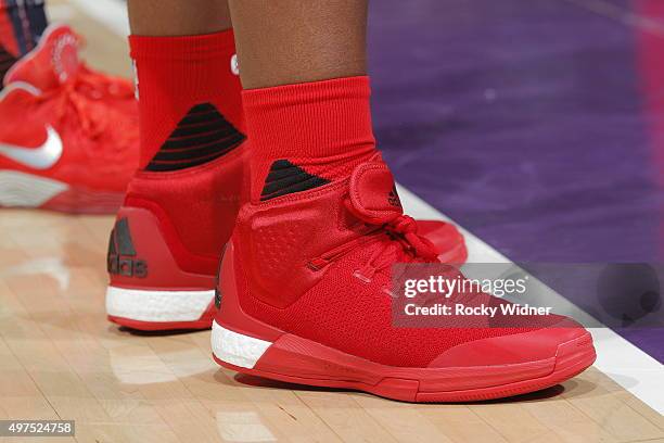 The shoes belonging to Chuck Hayes of the Houston Rockets in a game against the Sacramento Kings on November 6, 2015 at Sleep Train Arena in...