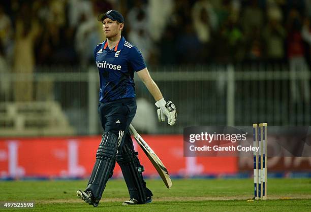 England captain Eoin Morgan leaves the field after being bowled by Shoaib Malik of Pakistan during the 3rd One Day International match between...