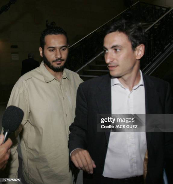 French defendant, Imad Achab Kanouni , who was released from the US base in Guantanamo Bay, and his lawyer Felix de Belloy speak to the press, 03...