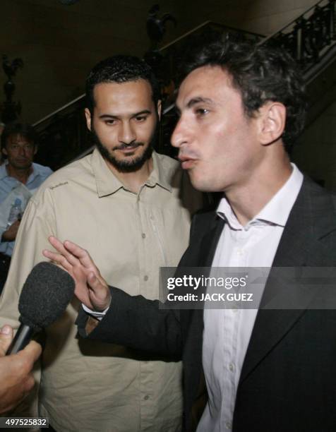 French defendant, Imad Achab Kanouni , who was released from the US base in Guantanamo Bay, and his lawyer Felix de Belloy speak to the press, 03...