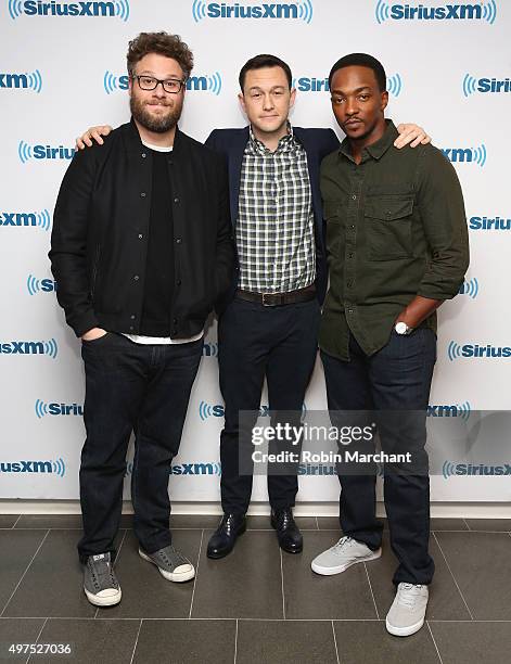 Seth Rogen, Joseph Gordan-Levitt and Anthony Mackie visit at SiriusXM Studios on November 17, 2015 in New York City.