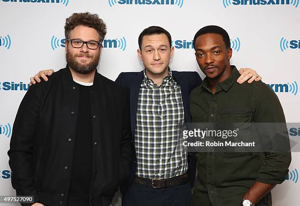 Seth Rogen, Joseph Gordan-Levitt and Anthony Mackie visit at SiriusXM Studios on November 17, 2015 in New York City.