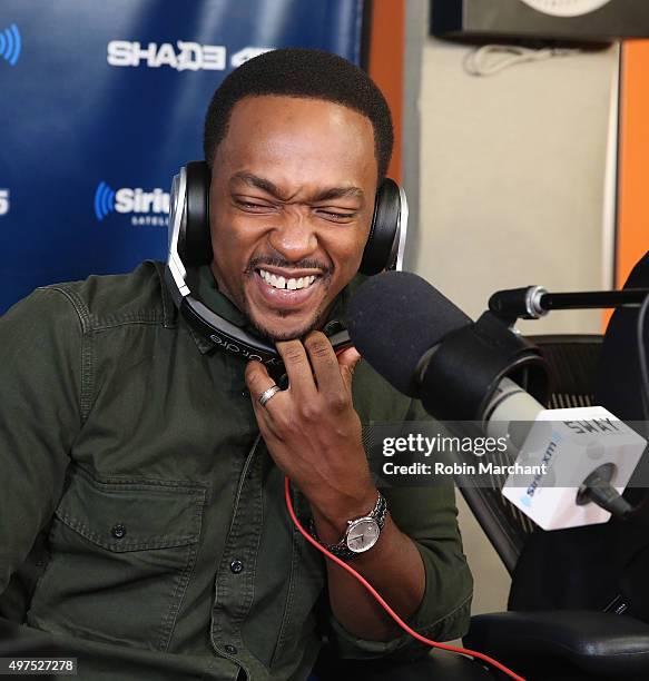 Anthony Mackie visits 'Sway in the Morning' with Sway Calloway on Eminem's Shade 45 at SiriusXM Studios on November 17, 2015 in New York City.