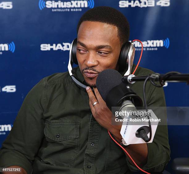 Anthony Mackie visits 'Sway in the Morning' with Sway Calloway on Eminem's Shade 45 at SiriusXM Studios on November 17, 2015 in New York City.