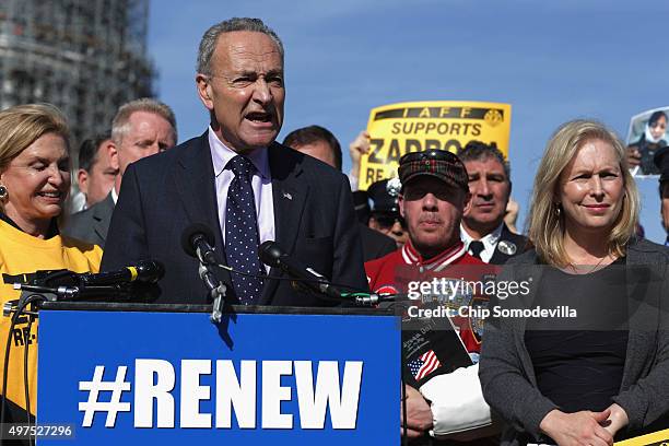 Sen. Charles Schumer joins Rep. Carolyn Maloney and Sen. Kirsten Gillibrand during a news conference with members of the Iraq and Afghanistan...