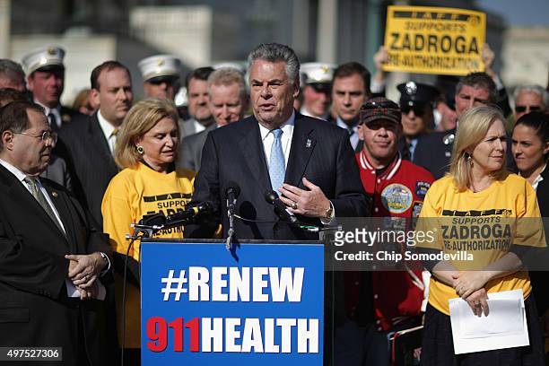 Rep. Peter King speaks during a news conference with Jerrold Nadler , Rep. Carolyn Maloney , John Feal, Sen. Kirsten Gillibrand , emergency...