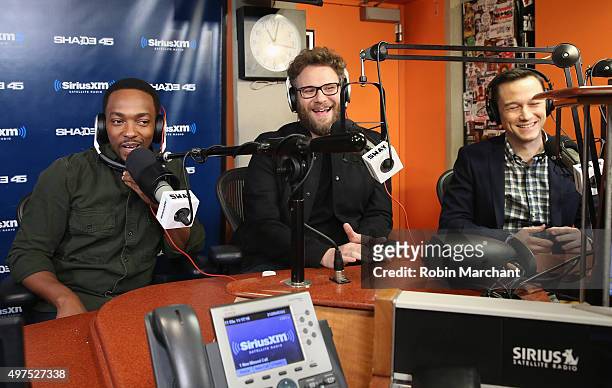 Anthony Mackie, Seth Rogen, and Joseph Gordan-Levitt visit at SiriusXM Studios on November 17, 2015 in New York City.