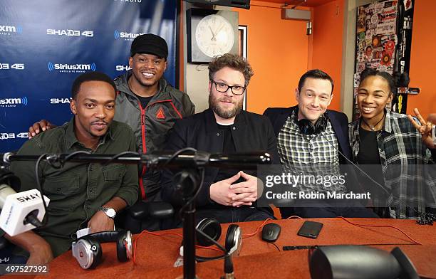 Anthony Mackie, Sway Calloway, Seth Rogen, Joseph Gordan-Levitt and Tracy G visit at SiriusXM Studios on November 17, 2015 in New York City.