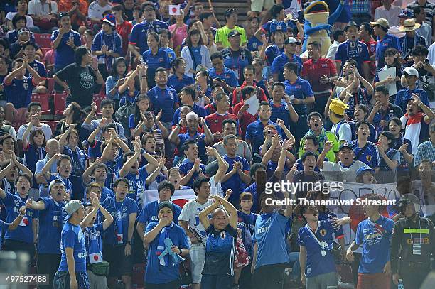 Japan team fan cheers during the 2018 FIFA World Cup Qualifier match between Cambodia and Japan on November 17, 2015 in Phnom Penh, Cambodia.