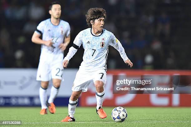 Yosuke Kashiwagi of Japan looks on during the 2018 FIFA World Cup Qualifier match between Cambodia and Japan on November 17, 2015 in Phnom Penh,...