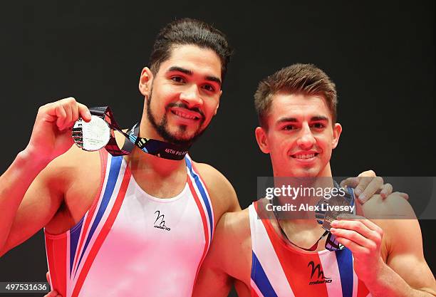 Louis Smith of Great Britain wins Silver and Max Whitlock of Great Britain wins Gold in the Pommel Horse Final during day nine of the 2015 World...