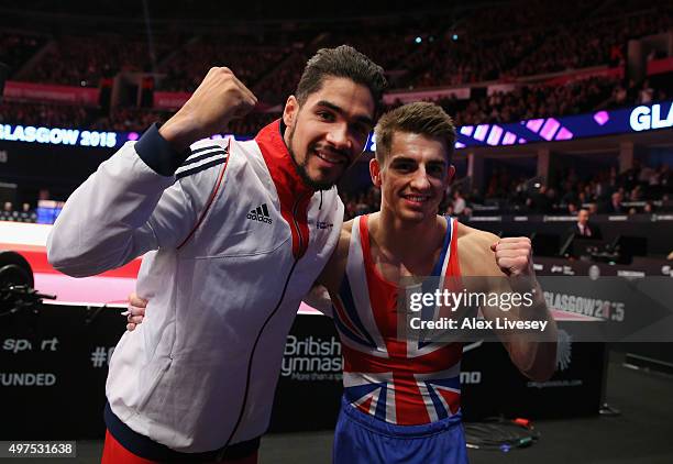 Louis Smith of Great Britain wins Silver and Max Whitlock of Great Britain wins Gold in the Pommel Horse Final during day nine of the 2015 World...