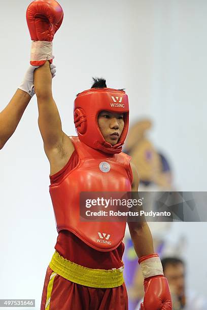 Luan Zhang of China wins against Alice Aleluia Da Luz of Brazil in the semi-final Women's 52kg Sanda Competition during the 2015 World Wushu...