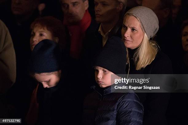 Princess Ingrid Alexandra of Norway, Prince Sverre Magnus of Norway and Crown Princess Mette-Marit of Norway attend a Paris Memorial on November 17,...