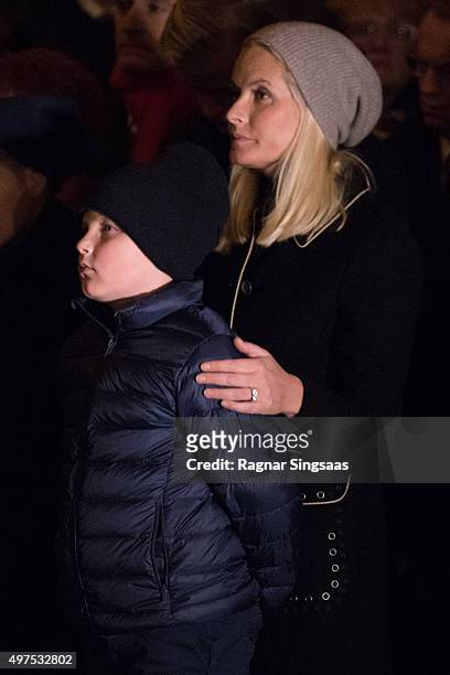 Prince Sverre Magnus of Norway and Crown Princess Mette-Marit of Norway attend a Paris Memorial on November 17, 2015 in Oslo, Norway.