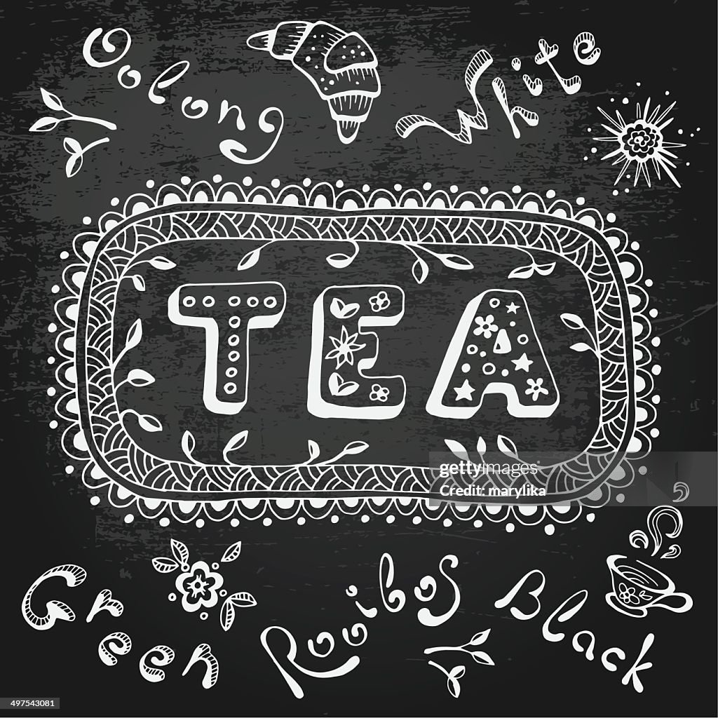 Hand drawn tea text on chalkboard