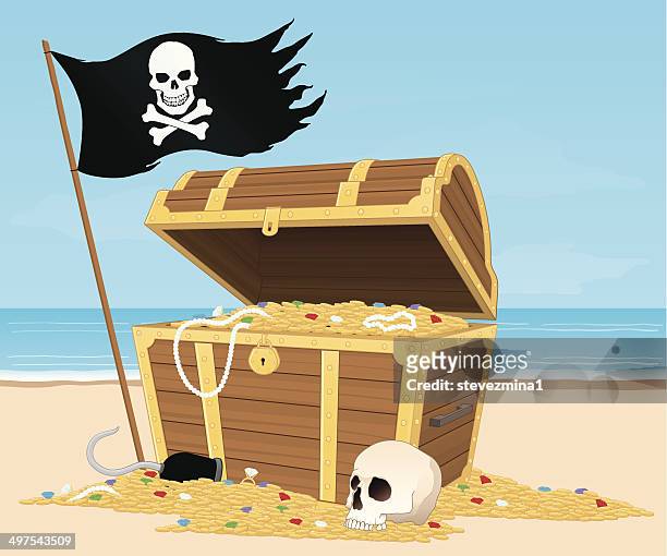 stockillustraties, clipart, cartoons en iconen met treasure chest on the beach - waterlijn