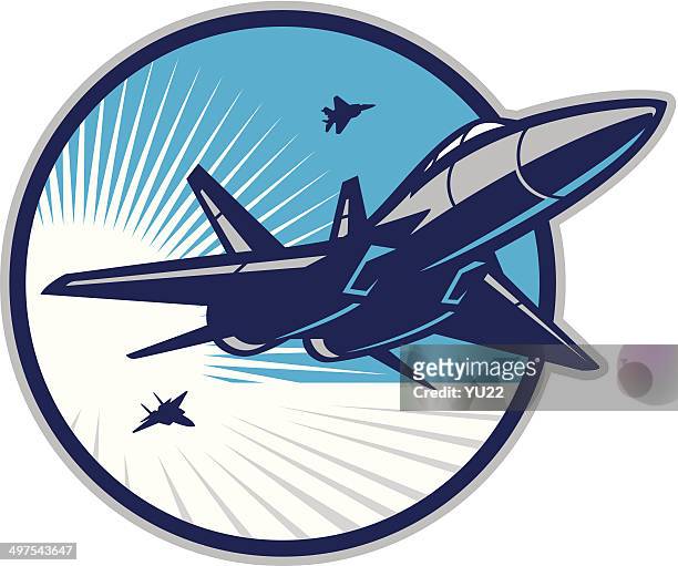 stockillustraties, clipart, cartoons en iconen met jet fighter in sky - militair vliegtuig