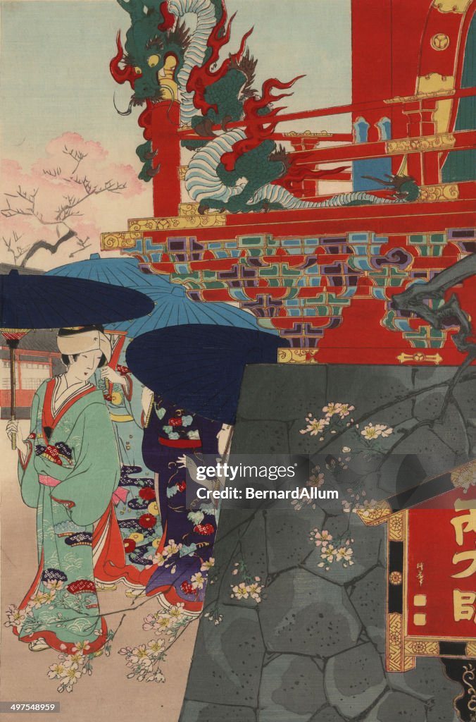 Japanese Woodblock Print flowers and Dragon