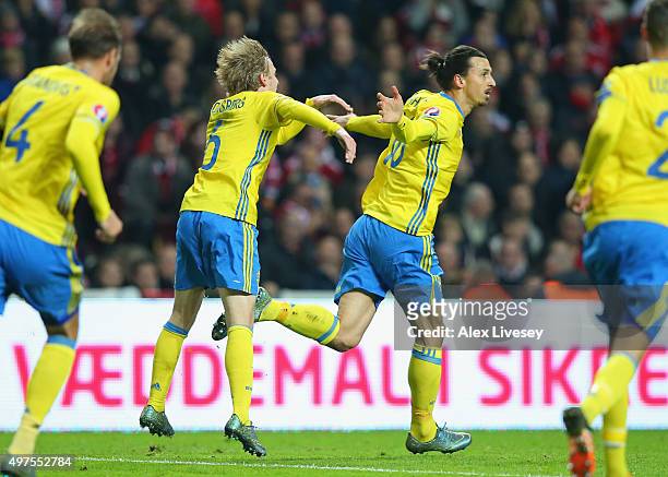 Zlatan Ibrahimovic of Sweden celebrates with Emil Forsberg after scoring the opening goal during the UEFA EURO 2016 Qualifier Play-Off Second Leg...