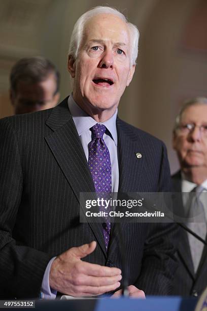 Senate Majority Whip John Cornyn talks to reportes following the weekly policy luncheon at the U.S. Capitol November 17, 2015 in Washington, DC....