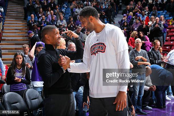 Sacramento mayor Kevin Johnson greets Tim Duncan of the San Antonio Spurs prior to the game against the Sacramento Kings on November 9, 2015 at Sleep...