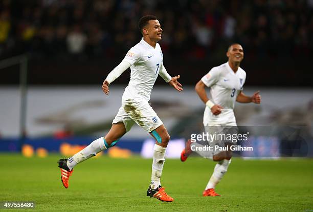 Dele Alli of England celebrates scoring his team's first goal during the International Friendly match between England and France at Wembley Stadium...