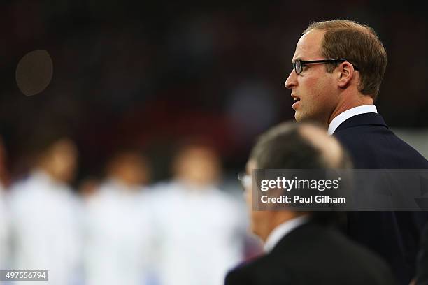 Prince William, The Duke of Cambridge looks on during the national anthems prior to the International Friendly match between England and France at...