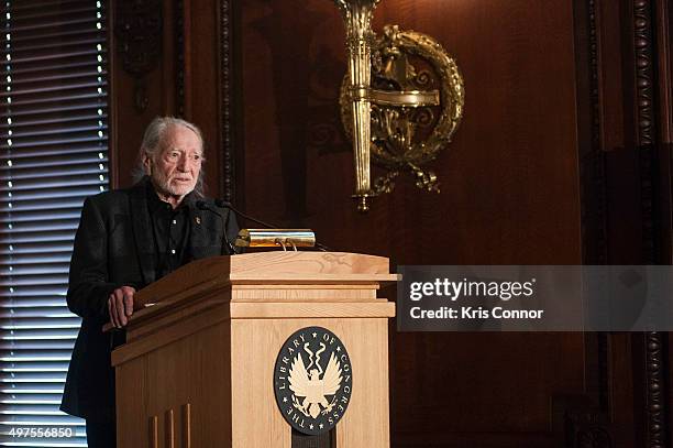 Honoree Willie Nelson attends the 2015 Gershwin Prize Luncheon where he was presented with a certificate and an American Flag in the Thomas Jefferson...