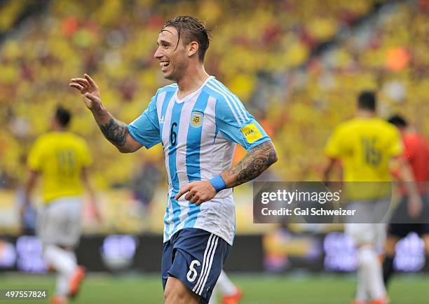 Lucas Biglia of Argentina celebrates after scoring the opening goal during a match between Colombia and Argentina as part of FIFA 2018 World Cup...