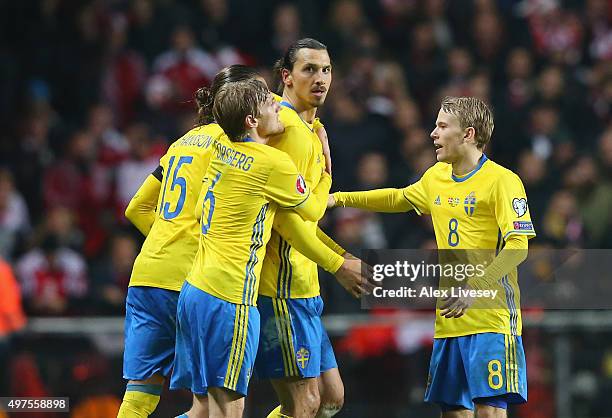 Zlatan Ibrahimovic of Sweden is congratulated by team mates after scoring the second goal during the UEFA EURO 2016 Qualifier Play-Off Second Leg...