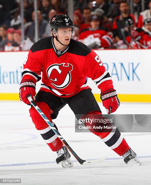 Jiri Tlusty of the New Jersey Devils skates during the game against the Pittsburgh Penguins at the Prudential Center on November 14, 2015 in Newark,...