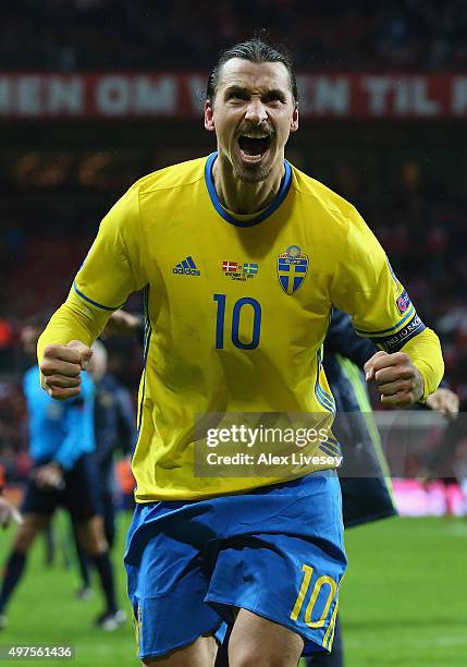 Zlatan Ibrahimovic of Sweden celebrates after the UEFA EURO 2016 Qualifier Play-Off Second Leg match between Denmark and Sweden at Parken Stadium on...