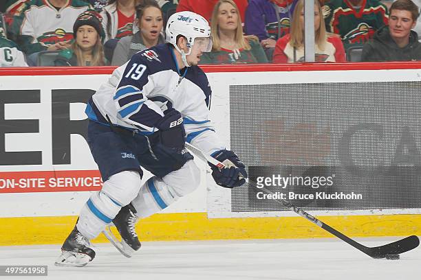 Jim Slater of the Winnipeg Jets skates with the puck against the Minnesota Wild during the game on November 10, 2015 at the Xcel Energy Center in St....