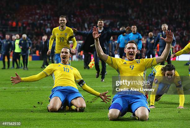 Zlatan Ibrahimovic and Kim Kallstrom of Sweden celebrate after the UEFA EURO 2016 Qualifier Play-Off Second Leg match between Denmark and Sweden at...